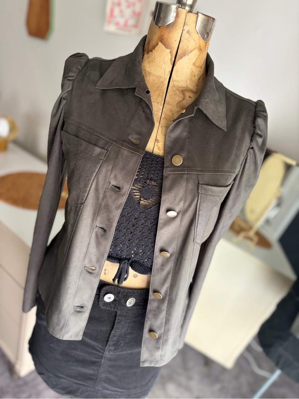 DREW Giselle Long Sleeve Faux Suede Puff Shoulder Shacket